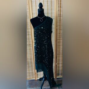Women’s Green Sequin Asymmetrical Fringe Hem One-Shoulder Dress- Size 3X